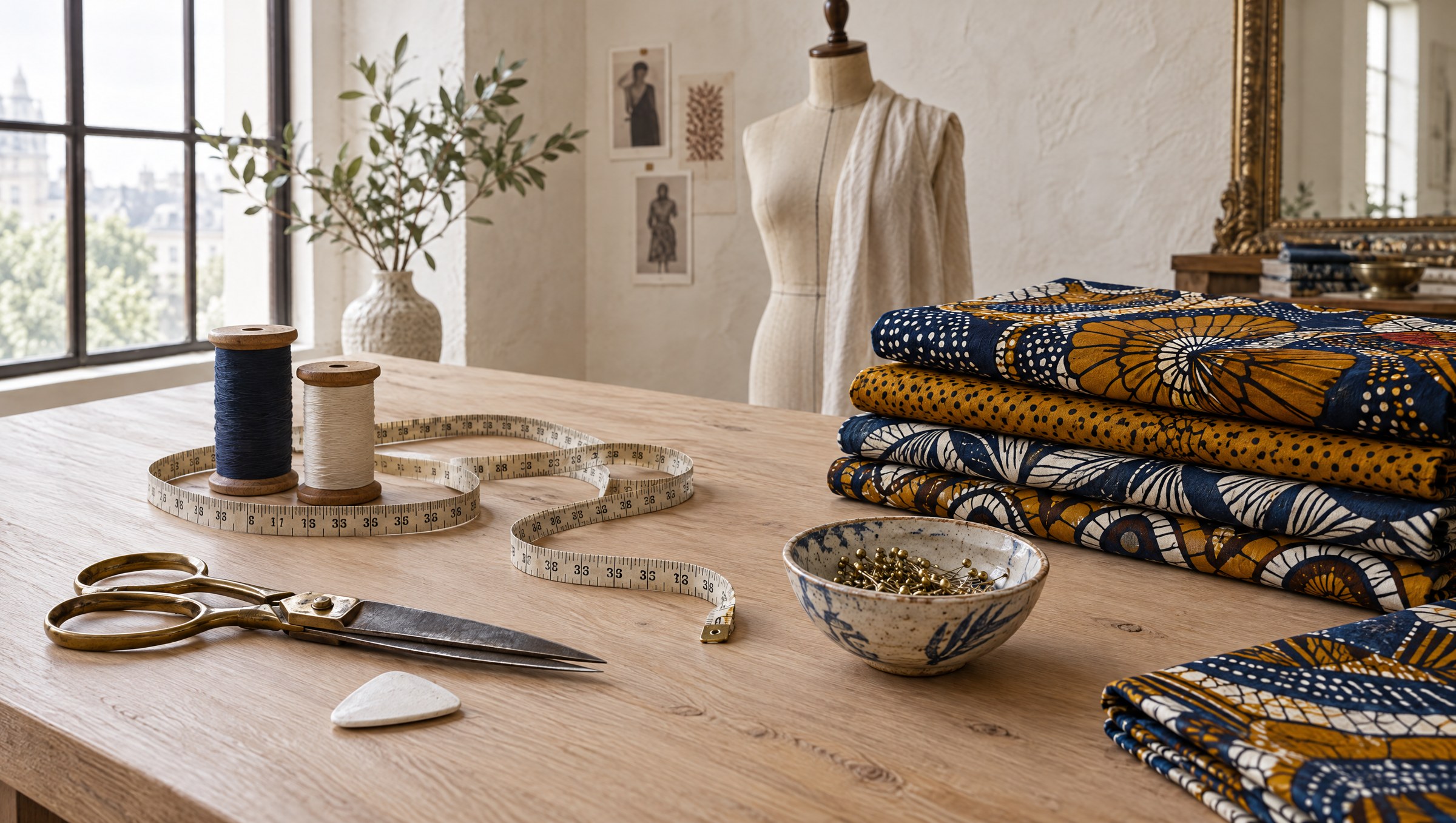 Table d’atelier : bobines, ciseaux et wax pliés