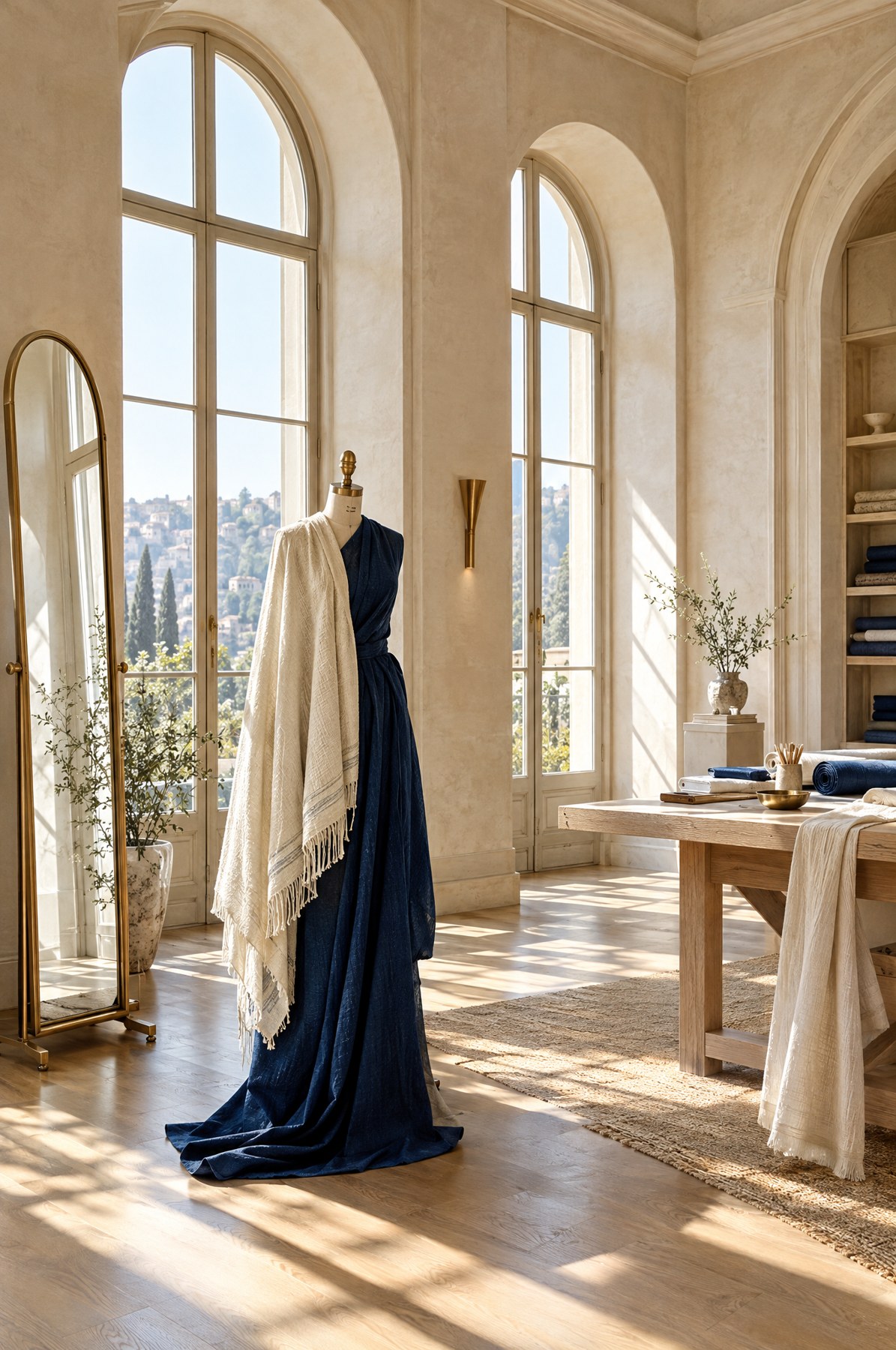 Salon de couture baigné de lumière, tissu indigo drapé sur un mannequin